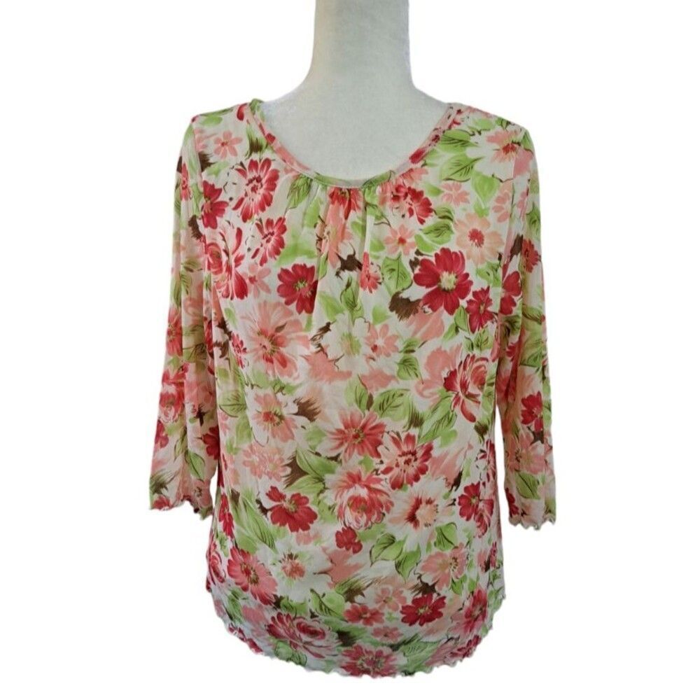 Avenue Women's 3/4 Sleeve Floral Multi Color Mesh Top Blouse 14-16